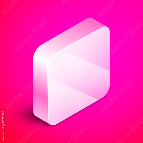 Isometric Medieval shield with crossed axes icon isolated on pink background. Battle axe, executioner axe. Silver square button. Vector Illustration