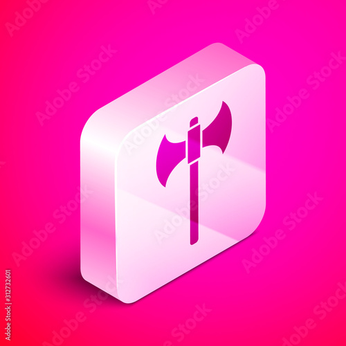 Isometric Medieval axe icon isolated on pink background. Battle axe, executioner axe. Silver square button. Vector Illustration