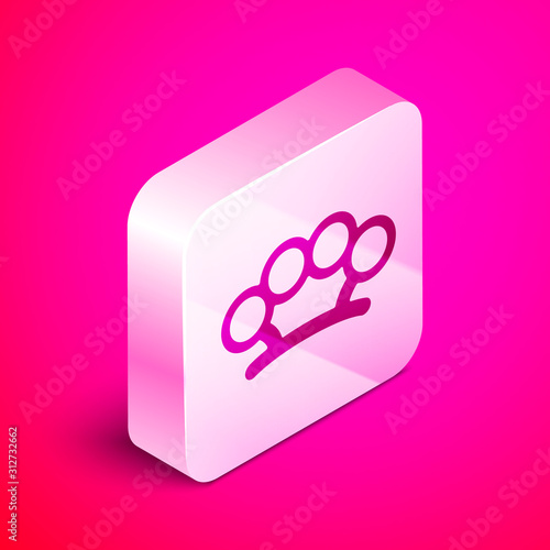 Isometric Brass knuckles icon isolated on pink background. Silver square button. Vector Illustration