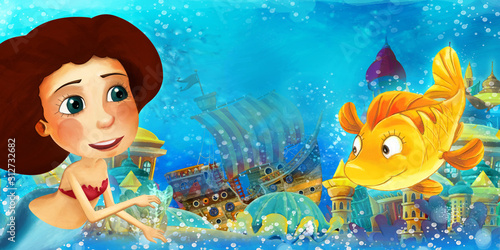 Cartoon ocean and the mermaid in underwater kingdom swimming and having fun - illustration for children © honeyflavour