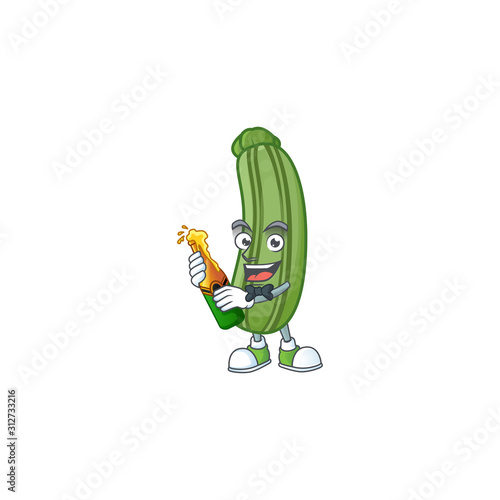 Happy zucchini with beer cartoon character design