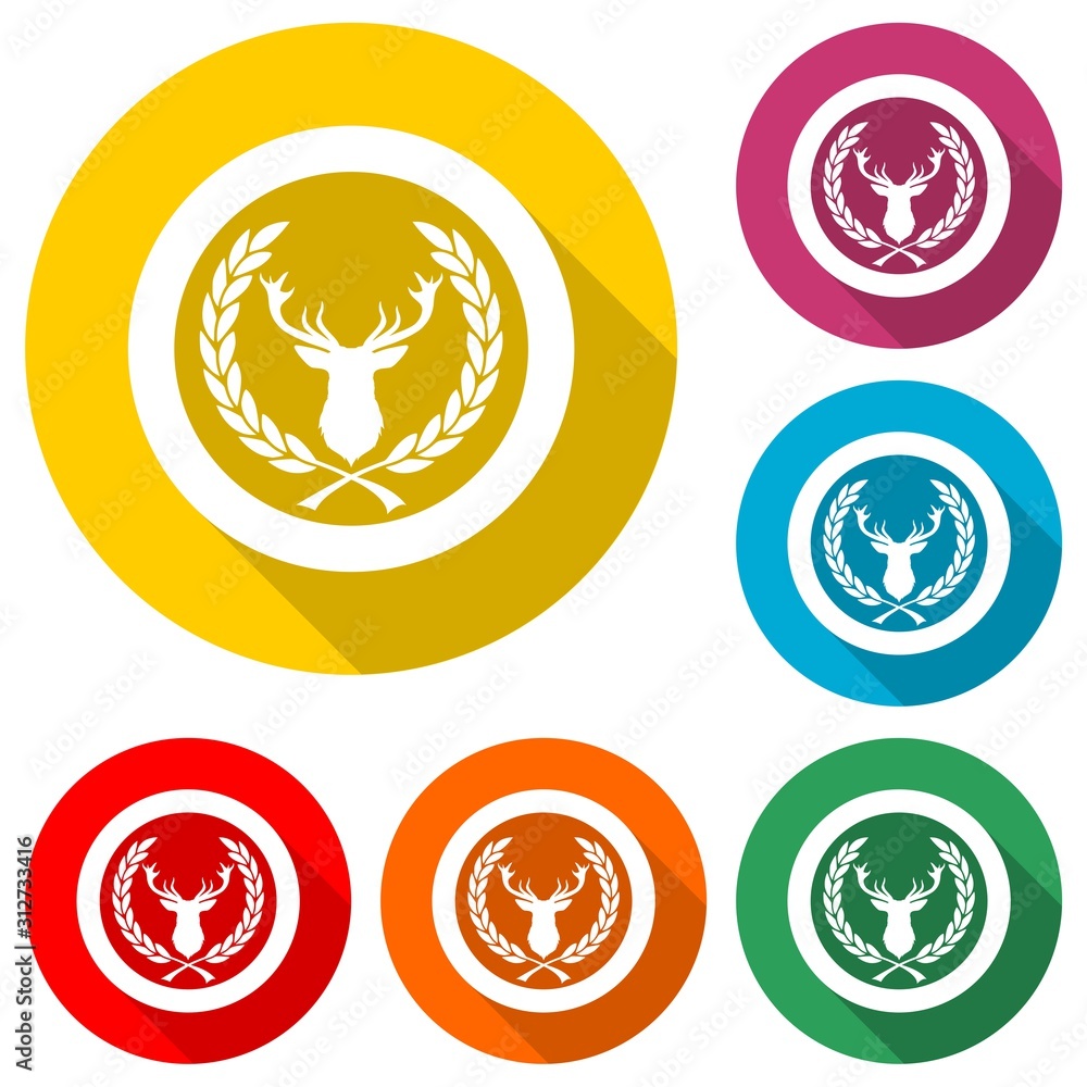 Deer head with antlers icon isolated with long shadow Deer head with antlers icon isolated with long shadow
