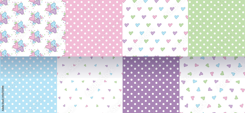 Set of seamless patterns with hearts and polka dot. Delicate pastel colors. Vector. Set of seamless patterns with hearts and polka dot. Delicate pastel colors. Vector.