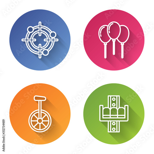 Set line Target sport for shooting competition, Balloons with ribbon, Unicycle or one wheel bicycle and Attraction carousel. Color circle button. Vector