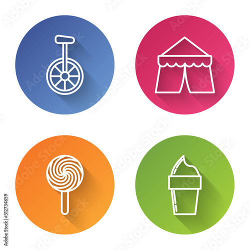 Set line Unicycle or one wheel bicycle, Circus tent, Lollipop and Ice cream in waffle cone. Color circle button. Vector