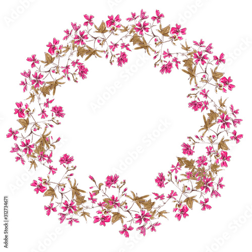 wreath from drawing blooming pink wild Malva silvestris with copy space