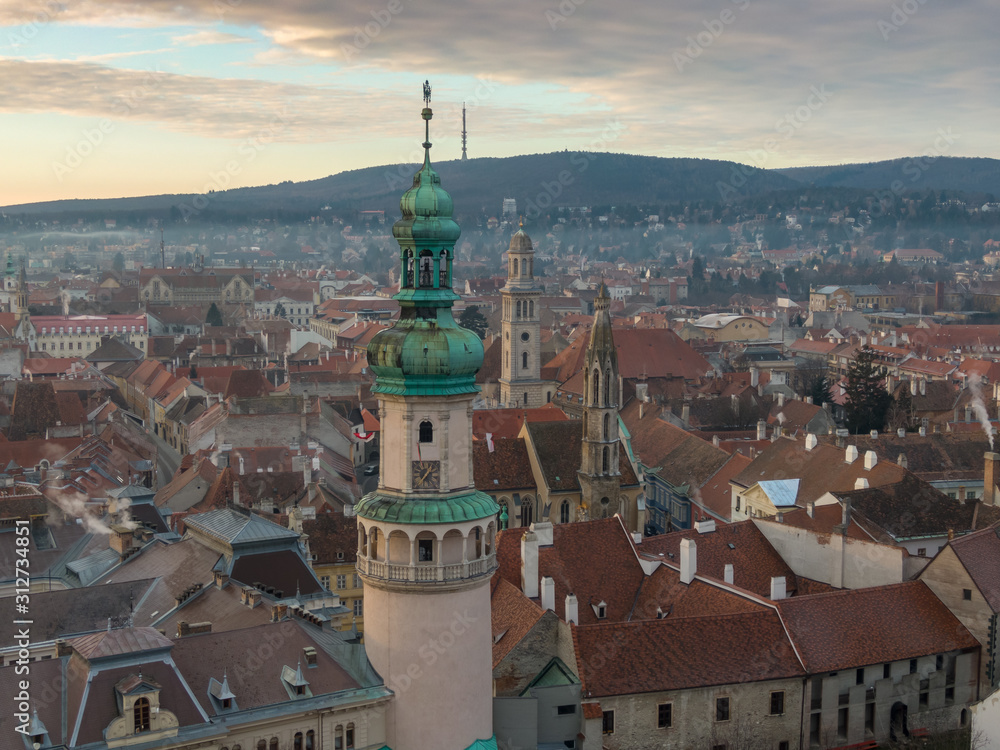 Obraz premium Aerial photo of medieval Sopron with fire tower