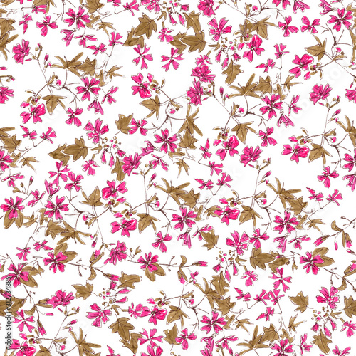seamless pattern from drawing blooming pink wild Malva silvestris