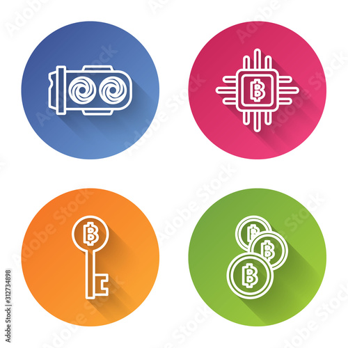 Set line Mining farm, CPU mining farm, Cryptocurrency Bitcoin key and Cryptocurrency coin Bitcoin. Color circle button. Vector