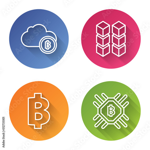 Set line Cryptocurrency cloud mining, Blockchain technology, Cryptocurrency coin Bitcoin and CPU mining farm. Color circle button. Vector