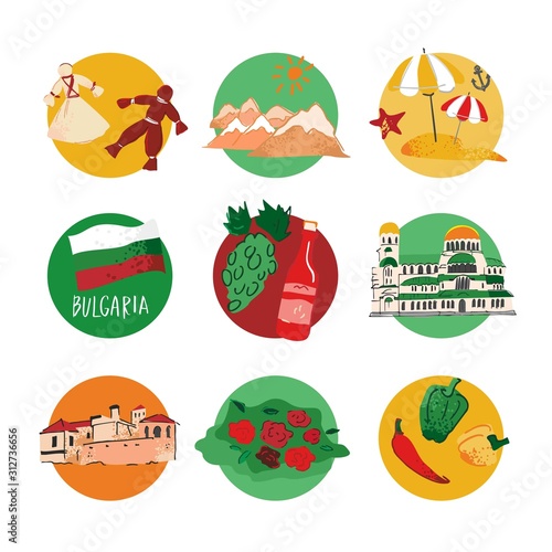 Set of colored decorative symbols and architecture of Bulgaria in the form of a circle on a white background. Elements for travel guides, maps, promo and Souvenirs. Cartoon flat vector illustration.