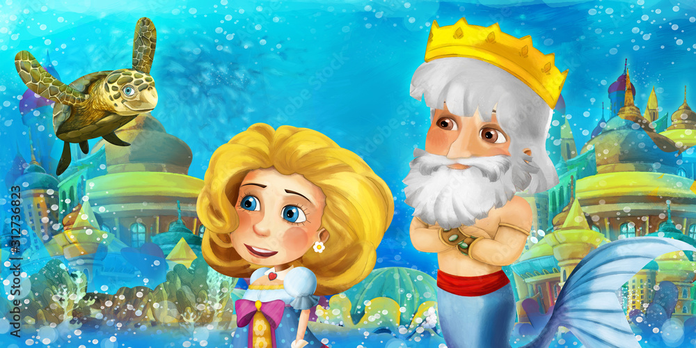 Cartoon ocean and the mermaid king in underwater kingdom swimming and having fun - illustration for children