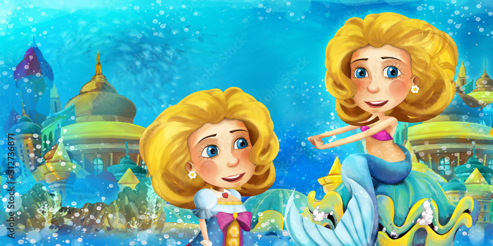 Fototapeta premium Cartoon ocean and the mermaid in underwater kingdom swimming and having fun - illustration for children