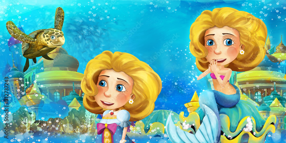 Fototapeta premium Cartoon ocean and the mermaid in underwater kingdom swimming and having fun - illustration for children