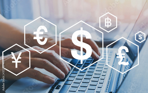 different currencies, money exchange concept, finance and trading