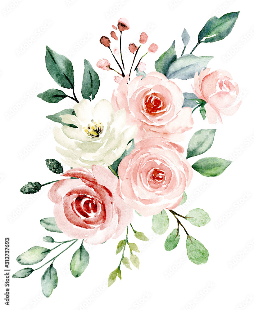 Pink flowers watercolor, floral clip art. Bouquet blush roses perfectly ...