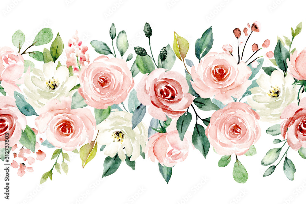 Watercolor flowers, pink, white roses. Floral summer repeat border for  printing invitations, greeting cards, wall art, stickers and other.  Isolated on white. Hand painted. Stock-Illustration | Adobe Stock