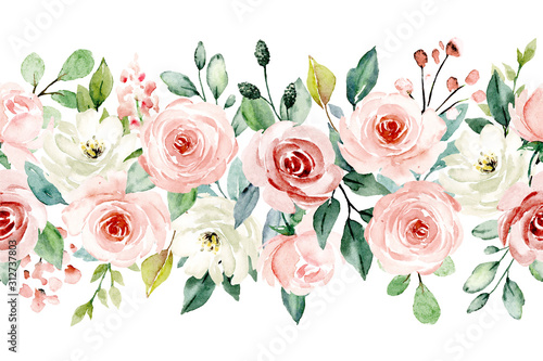 Watercolor flowers, pink, white roses. Floral summer repeat border for printing invitations, greeting cards, wall art, stickers and other. Isolated on white. Hand painted. 