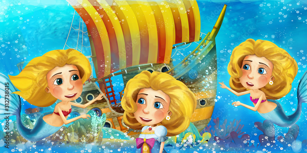 Cartoon ocean scene and the mermaid princess in underwater kingdom swimming and having fun near the sunken pirate ship - illustration for children Cartoon ocean scene and the mermaid princess in underwater kingdom swimming and having fun near the sunken pirate ship - illustration for children