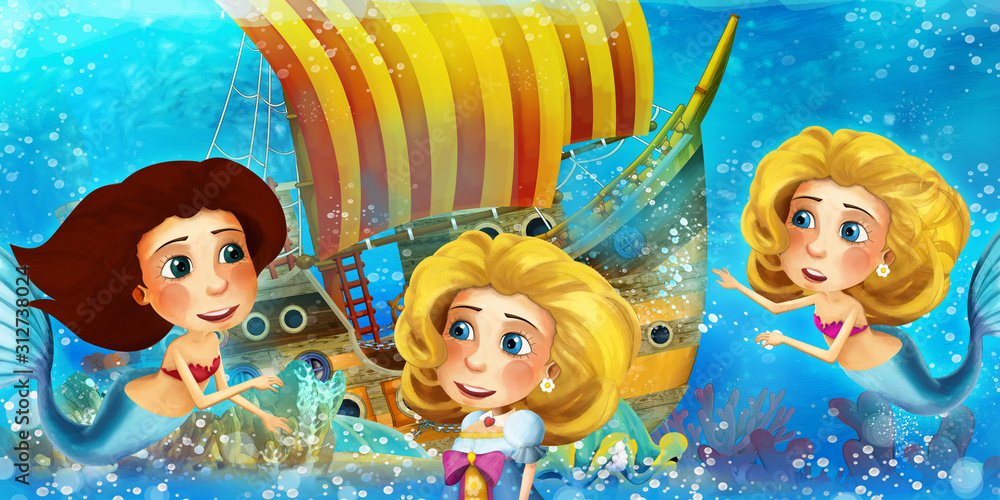 Cartoon ocean scene and the mermaid princess in underwater kingdom swimming and having fun near the sunken pirate ship - illustration for children Cartoon ocean scene and the mermaid princess in underwater kingdom swimming and having fun near the sunken pirate ship - illustration for children