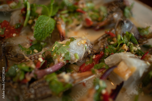 Close up of spicy blue crab salad.