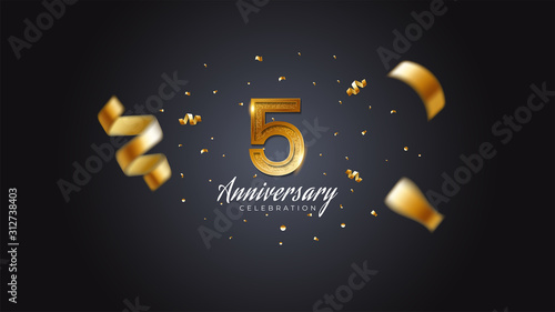 5th anniversary celebration Gold numbers with dotted halftone, shadow and sparkling confetti. modern elegant design with black background. for wedding party event decoration. Editable vector EPS 10