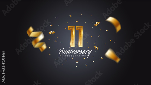 11th anniversary celebration Gold numbers with dotted halftone, shadow and sparkling confetti. modern elegant design with black background. for wedding party event decoration. Editable vector EPS 10