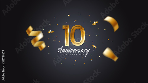 10th anniversary celebration Gold numbers with dotted halftone, shadow and sparkling confetti. modern elegant design with black background. for wedding party event decoration. Editable vector EPS 10