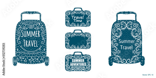 Set of drawn suitcases.Baggage for travel and summer vacation .Summer travel inscription .Vector illustration .