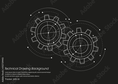 Technical drawing of gears .Rotating mechanism of round parts .Machine technology. Vector illustration.	