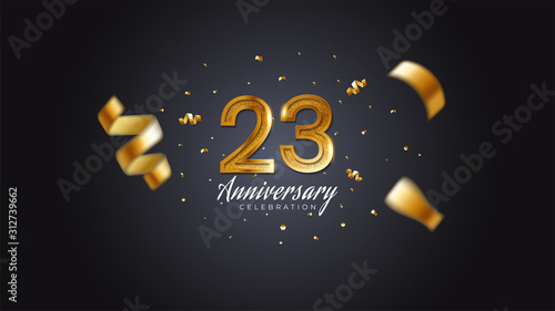 23rd anniversary celebration Gold numbers with dotted halftone, shadow and sparkling confetti. modern elegant design with black background. for wedding party event decoration. Editable vector EPS 10