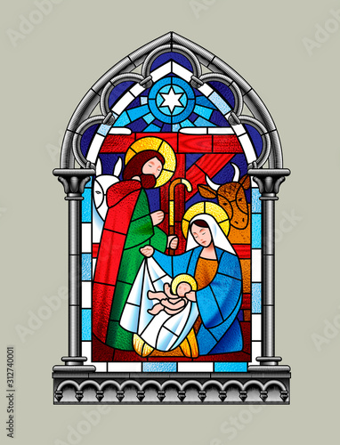 Stained glass window Christmas scene