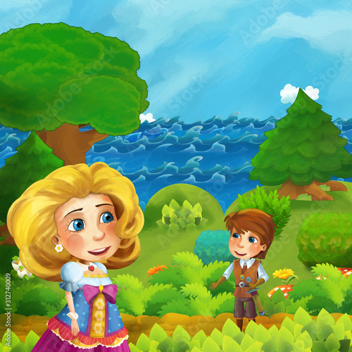 cartoon forest scene with prince standing on the path near the shore of ocean or sea - illustration for children