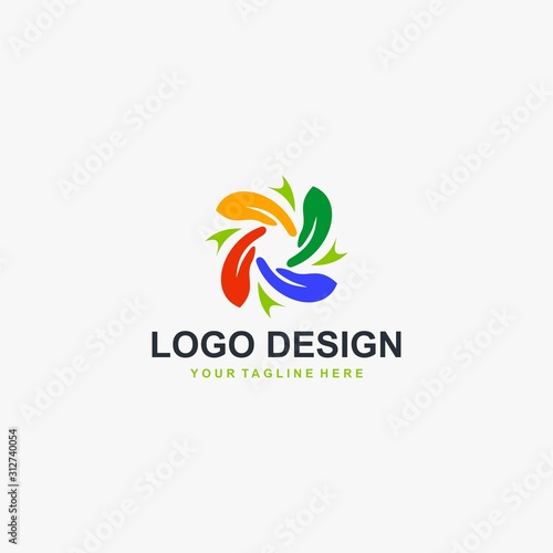Circle hand logo design. Group abstract symbol. Full color people care vector icons.