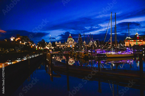 A night view of Victoria inner harbour in christmas season. BC Canada 
