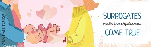 The surrogate mother gives the baby to his parents. Baner's concept of motherhood and the possibility of becoming parents for clinics and magazines about women's health. Flat cute vector illustration.