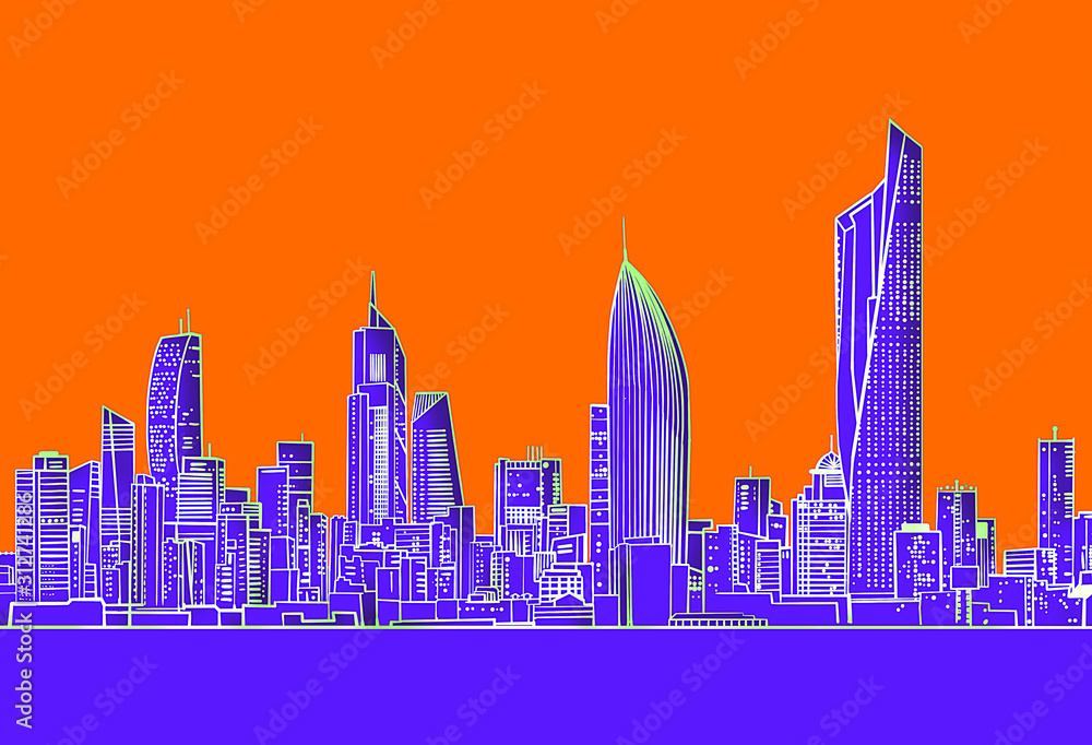 Kuwait City Modern Skyline Orange Line Art Illustration