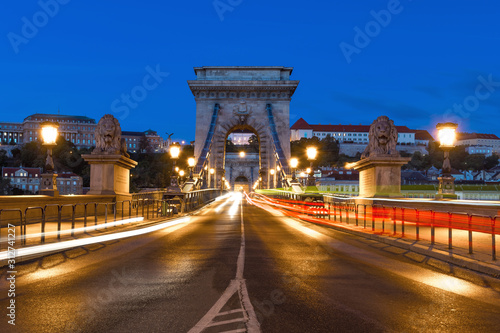 Dawn at the Chain Bridge in Budapest, with Castle District in the background.