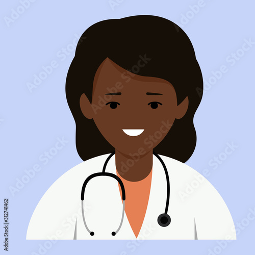 A dark-skinned woman doctor with a stethoscope and in uniform.