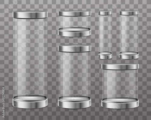 Empty cylinder capsule, clear showcase isolated on transparent background. Vector mockup of round boxes different sizes with steel caps, blank circle stand for exhibition in gallery, museum photo