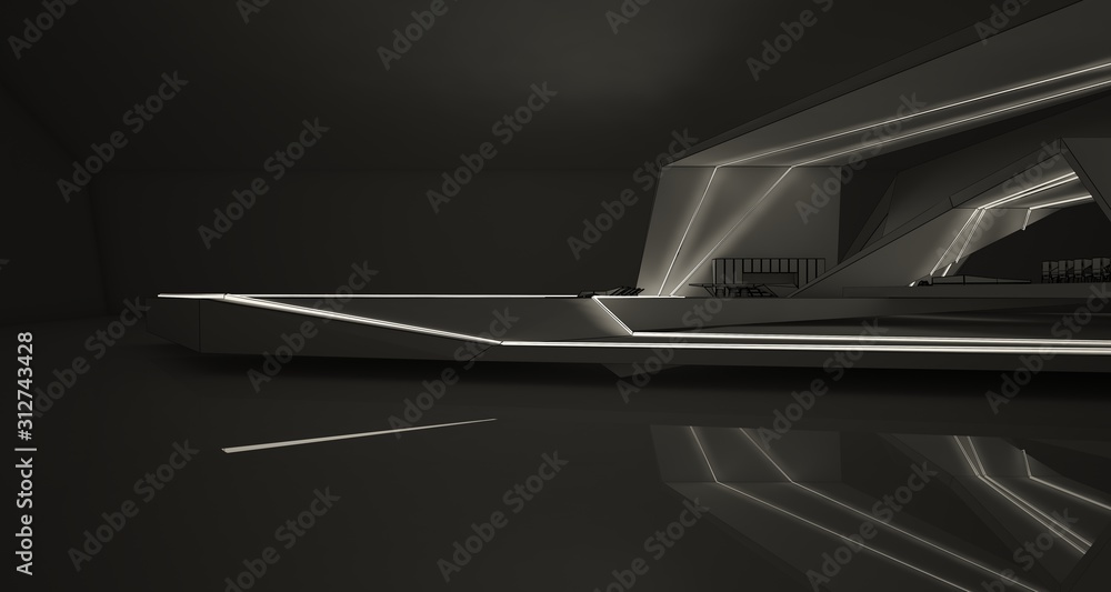 Abstract drawing architectural white interior of a minimalist house with swimming pool and neon lighting. 3D illustration and rendering. Abstract drawing architectural white interior of a minimalist house with swimming pool and neon lighting. 3D illustration and rendering.