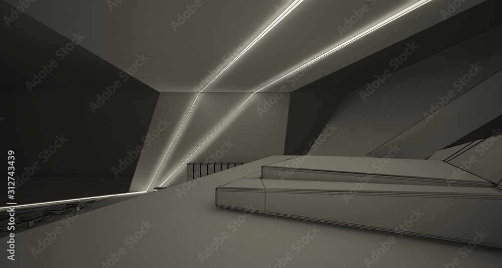 Abstract drawing architectural white interior of a minimalist house with swimming pool and neon lighting. 3D illustration and rendering.