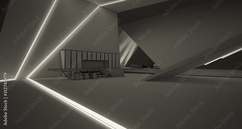 Obraz premium Abstract drawing architectural white interior of a minimalist house with swimming pool and neon lighting. 3D illustration and rendering.