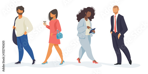 Set of walking people. Multiethnic citizens carrying bags, drinking coffee, using tablet. Flat vector illustrations. Diversity, city life concept for banner, website design or landing web page