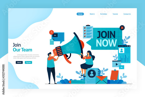 Landing page of join now. hiring and open recruitment of employee. referral memberships business. megaphone for refer a friend. resume application and job interview. designed for website, mobile app