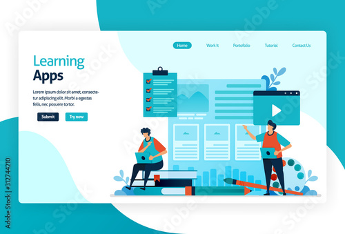 Illustration of landing page for Learning apps. Education process of learning knowledge, skills, values, beliefs, and habits. Digital technology in teaching, training, storytelling, discussion.