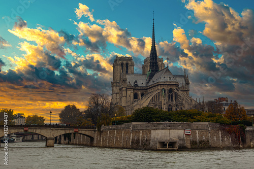 Notre dame de Paris viewed from River Seine. Concept World Famous Places