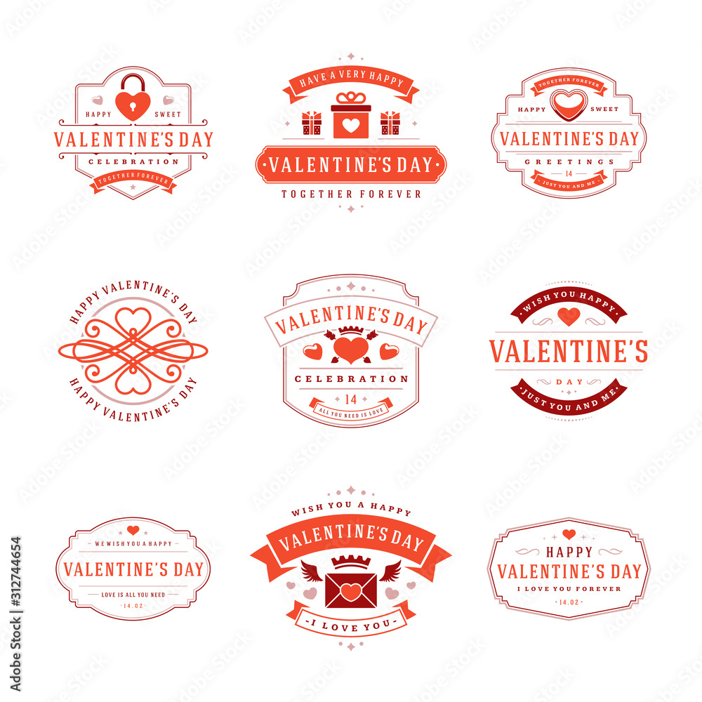 Happy valentines day greetings cards and badges vintage typography design with decoration symbols vector design elements