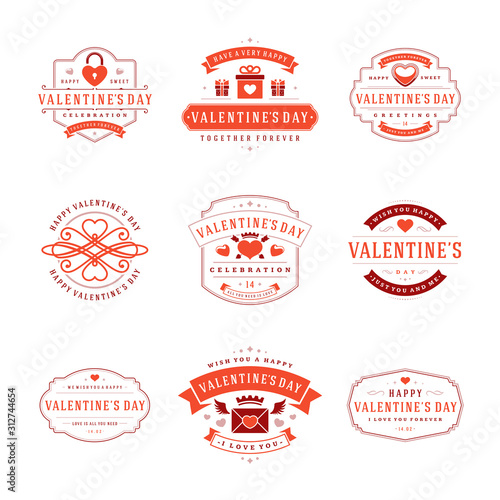 Happy valentines day greetings cards and badges vintage typography design with decoration symbols vector design elements
