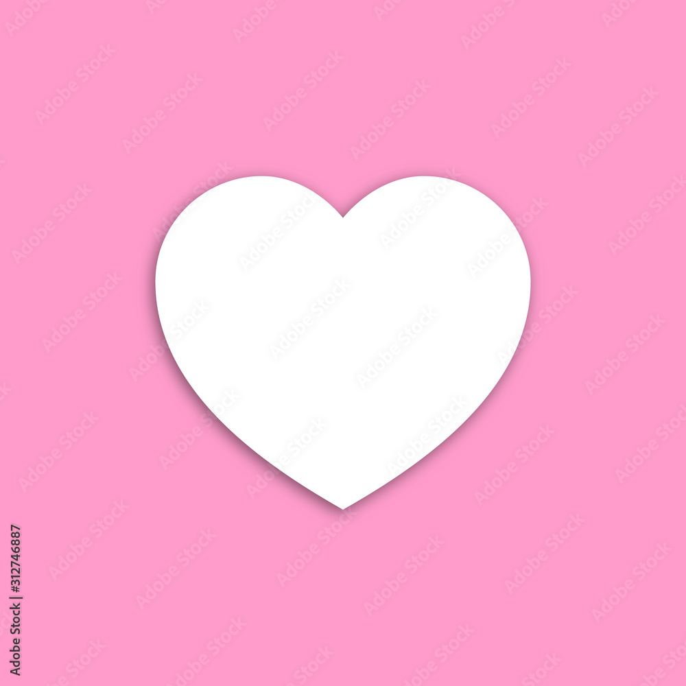 Imitation of relief on a flat lay, white heart with a shadow on a pastel pink background. Minimal style. Abstract pattern for love message template. 3D rendering.